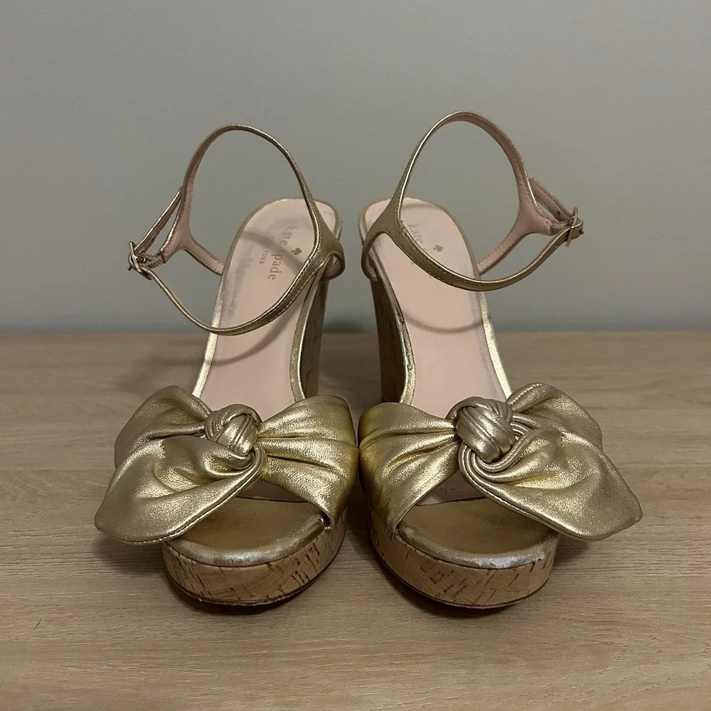 Kate Spade New York Gold Cork Platform Bow Sandal Wedges